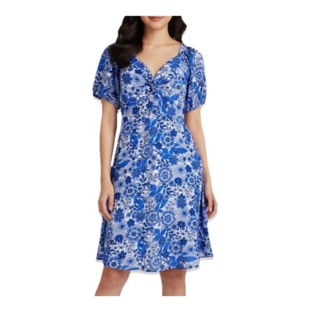 Sincerely Jules Floral Dress Women SM Blue Puff Sleeve Smocked Back‎ Knee Length